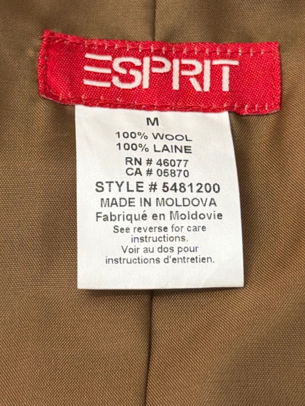 Esprit 100% Wool Camel Long Coat Women's Medium Button Front - Picture 3 of 6